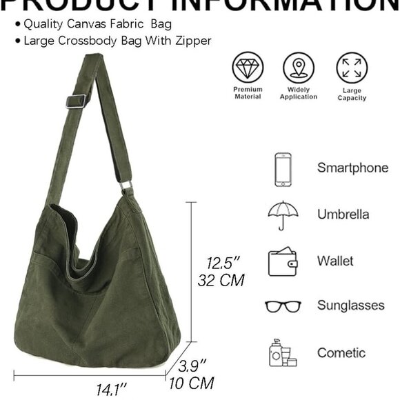 Canvas Crossbody Bag Large Capacity Travel Shoulder Hobo Purse for Women - Picture 5 of 6